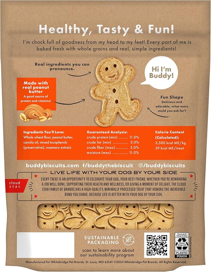 Buddy Biscuits Crunchy Dog Treats, Peanut Butter, 2lbs. Bag | Made with Simple Ingredients, Free of Corn, Soy, And Artificial Flavors, Oven Baked in the USA, Gingerkid Shape