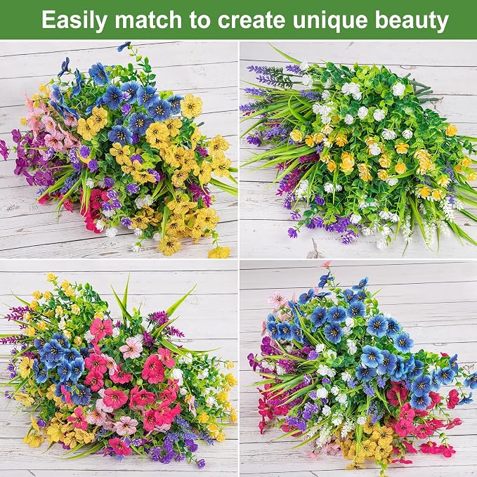 24 Pcs Mixed Artificial Flowers for Outdoors Home Decorations | Fake silk flowers, plastic plants, faux lavender, UV resistant for garden patio window box office table kitchen home decor