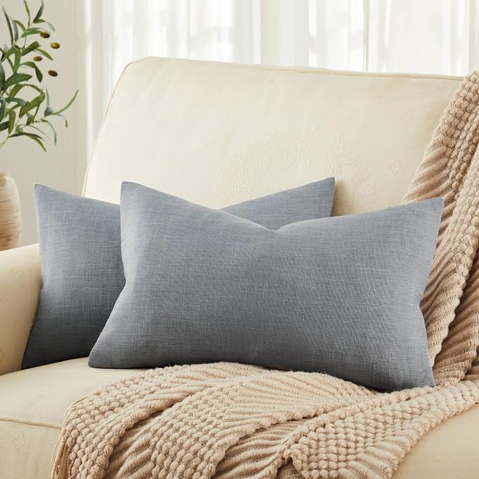Rustic Linen Lumbar Pillow Covers Set of 2, Blue Ashes 12x20in | Textured Pillow Case, Rustic Cotton Linen Fabric, Modern Farmhouse Cushion Covers for Sofa Bed Living Room Home Decor