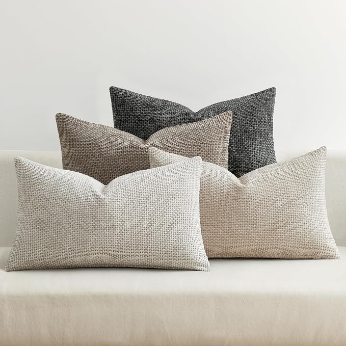 MIULEE Decorative Chenille Lumbar Pillow Covers Neutral 12x20 Pack of 4 | Mid Century Modern Decor, Cream to Charcoal Set, Couch Throw Pillows, Farmhouse Boho Cushion Covers for Sofa Bed Living Room
