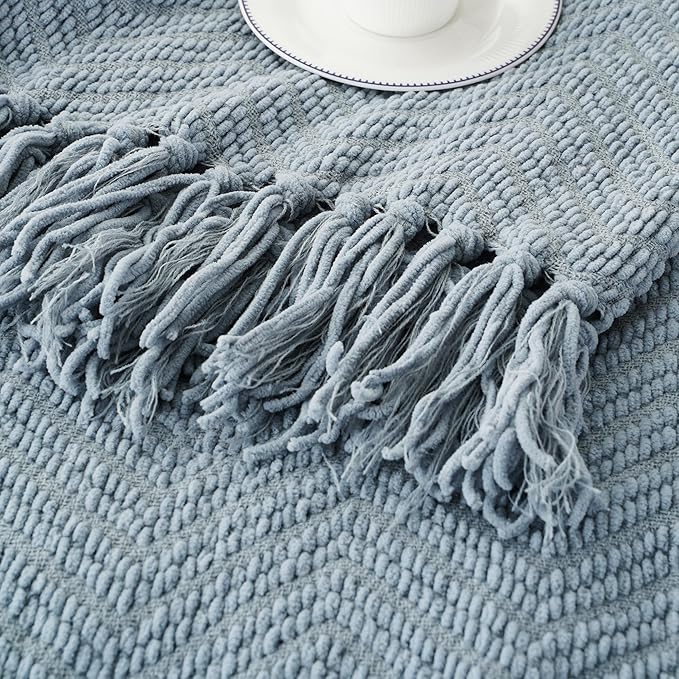 BATTILO HOME Blue Grey Throw Blanket for Couch, Knit Throw Blanket, 50"x60" | Super Soft Dusty Blue Throw Blanket with Tassels, Knit Blanket for Bed,Sofa and Living Room