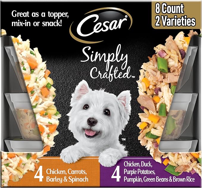 Cesar Simply Crafted Dog Food Toppers, Chicken Variety, 1.3 oz, 8 Count | Real chicken #1 ingredient, 5 key ingredients or less, fresh vegetables, slow-cooked, easy to digest, single-serve tubs