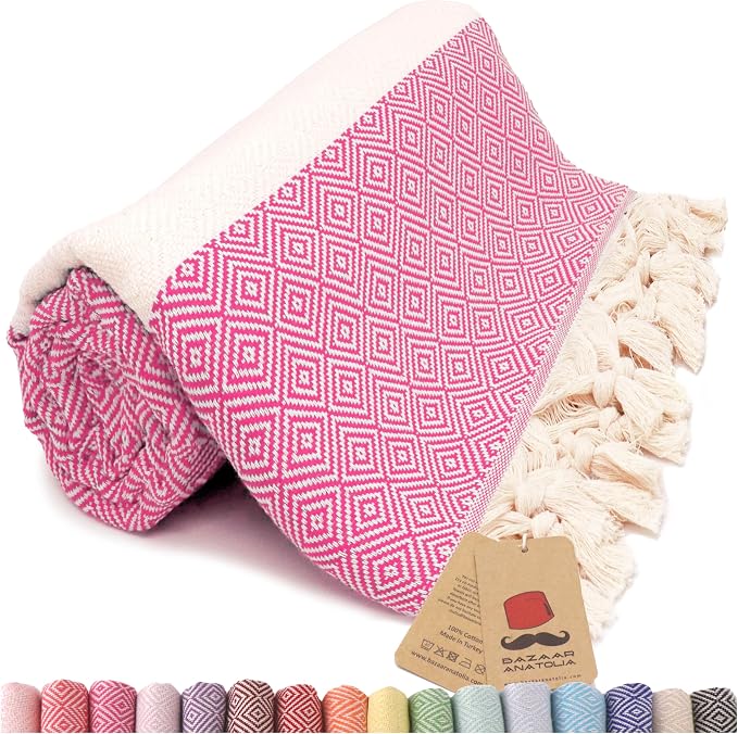 Bazaar Anatolia Turkish Beach Towel – 100% Cotton, Quick Dry, Sand Free Towel for Bathroom, Camping, Travel, Hot Pink – Oversized 71x39 Inches – Diamond Fuscia