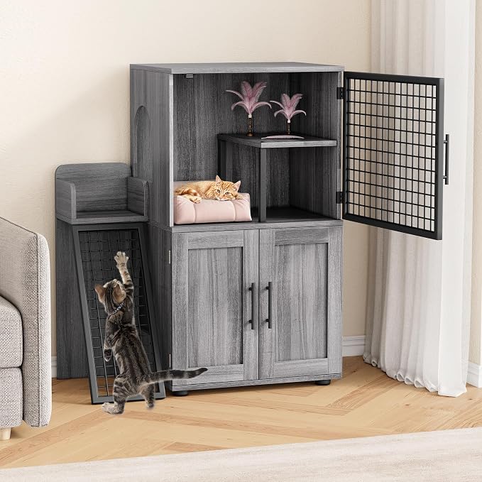 IDEALHOUSE Cat Litter Box Enclosure with Double Layer, Dark Grey | Double Layer Cat Litter Box Furniture with Ladder, Creates a Private Cat Space While Keeping Living Rooms Clean and Organized