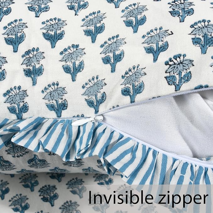 CPC Block Print Ruffle Throw Cover Apatite Blue 20"x20" Inch Pack of 2-100% Cotton Ruffle Couch Decorative Boho Pillows Case for Living Room, Bedroom, Sofa, Farmhouse Gift for Spring, Mother's Day