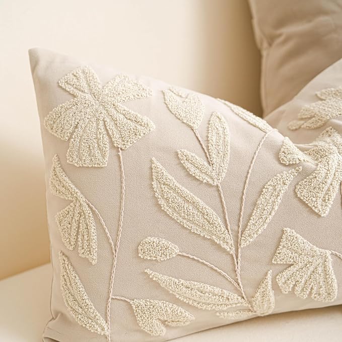 14x36 Lumbar Pillow Cover for Bed, Rectangular Decorative Long Throw Pillowcase, Embroidered Farmhouse Accent Cushion, Beige Neutral Floral Tufted (Cover Only)