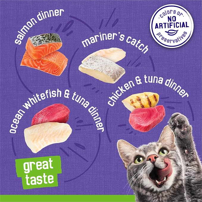 Purina Friskies Pate Variety Pack Seafood Chicken Cat Food, 48 Ct, 5.5 oz | Smooth pate texture in seafood and chicken flavors delivers complete balanced nutrition, supports weight management