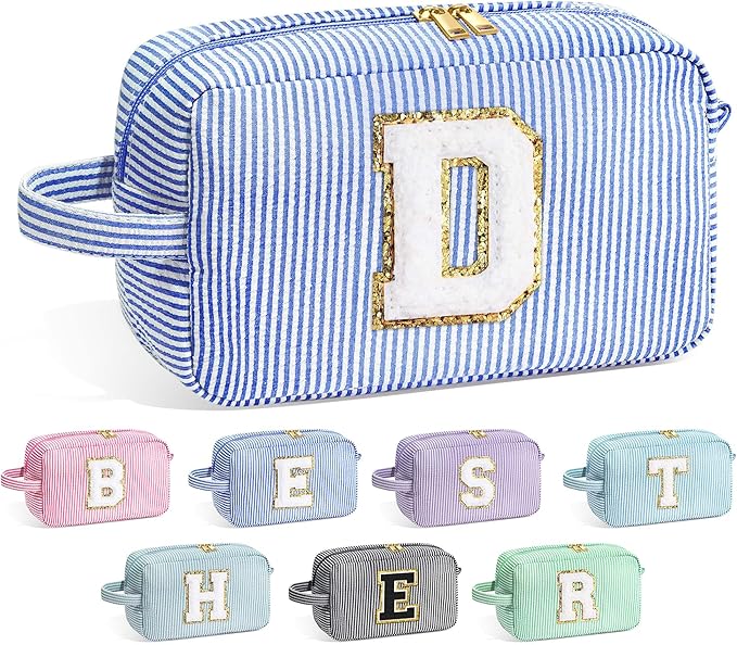 YOOLIFE Graduation Gifts for Girls Teen Girls - Monogrammed Initial Blue Makeup Bag, Graduation Party Favor, Personalized Preppy Stuff Dance Gifts for Teen Girls Kids, Birthday Gifts for Girls D