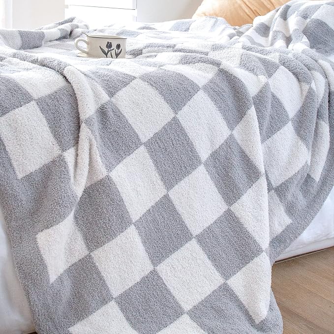 SeaRoomy Fuzzy Checkered Throw Blanket for Couch,Light Grey 51"X63" | Warm,Cozy,Fluffy,Lightweight,Gift for Women Couch Sofa Bed Room Decor