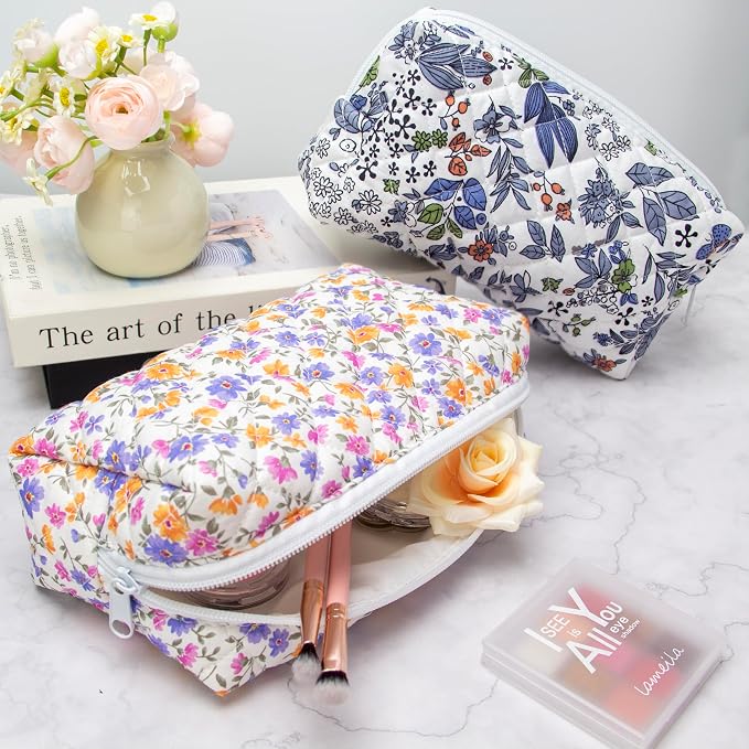 PAZIMIIK Small Quilted Makeup Bag,Zipper Cosmetic Pouch,Ditsy Floral,2 Pack | Lightweight Cosmetic Bag Organizer for Women,Purse Storage Holds Makeup,Toiletries,Skincare,Beauty Essentials,Travel Items