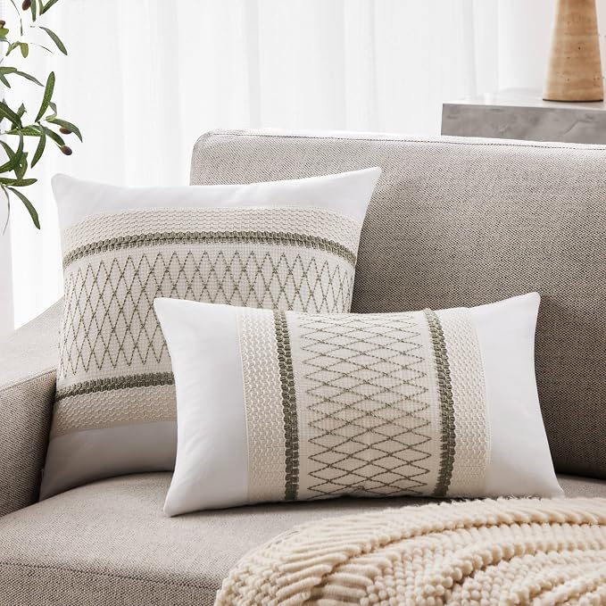 2pk Boho Pillow Covers 20x20, Natural White/Grid/Green | 100% Organic Cotton Body, Stripe Embroidery, Farmhouse Decorative Cushion Covers for Sofa Bed Living Room Home Decor