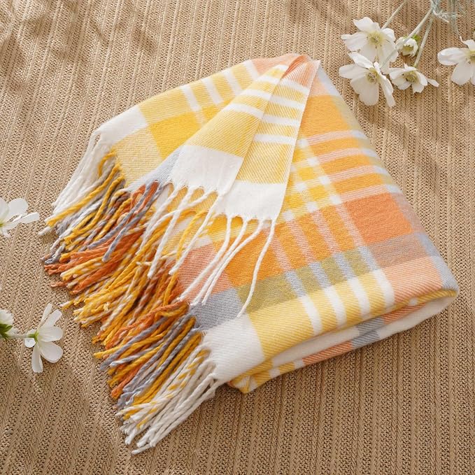 Yellow Plaid Throw Blanket for Couch, Spring Summer Throw Blankets 50"x60" | Lightweight Farmhouse Blanket, Soft Cozy Woven Throw with Tassels, Buffalo Plaid Blanket for Bed, Sofa, Home Decor