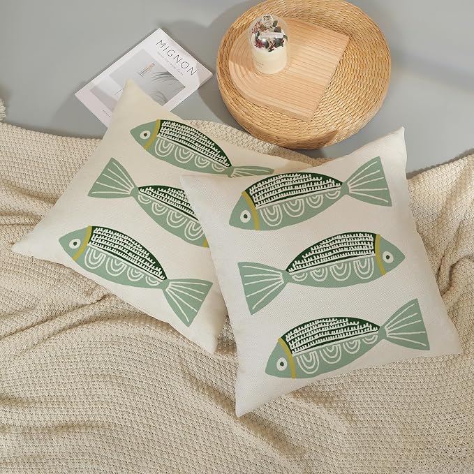 Coastal Pillow Covers 18x18 Inch Set of 2 Ocean Beach Green Fish Throw Pillows Summer Nautical Outdoor Decorative Pillow Cases Linen Farmhouse Cushion Cover for Couch Home Sofa Bedroom Decor