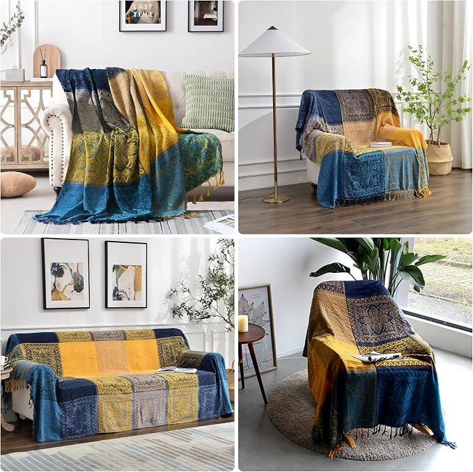 Bohemian Throw Blanket for Couch，Colorful Chenille Tassels Boho Woven Hippie Throw Blankets for Couch Bed Sofa Chair Recliner Loveseat, Bohemian Fringe Tassels Decor Home(Blue, S:60x75)