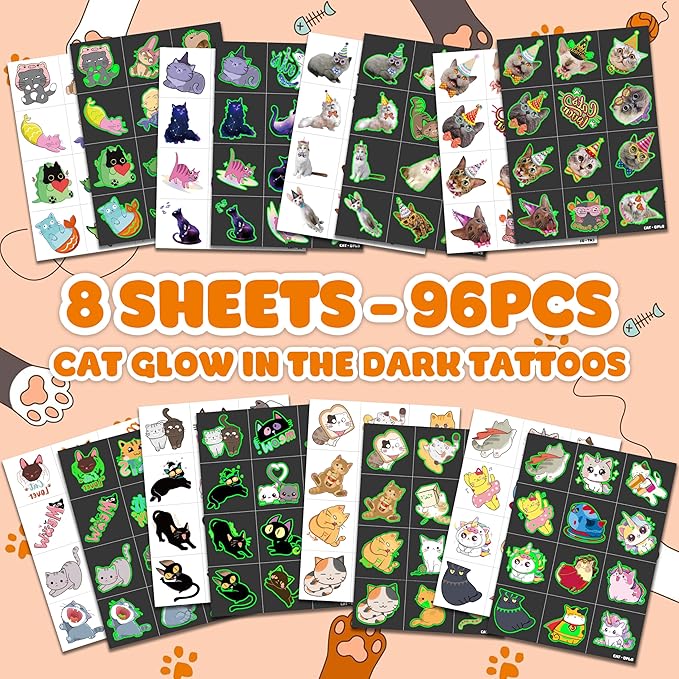 96 PCS Cat Cats Pet Pre-Cut Luminous Glow in the dark Temporary Tattoos for Kids | Super Cute Themed Birthday Party Favors, Supplies, Decorations, Animal Paw Fake Tattoo Stickers Gifts for Boys Girls