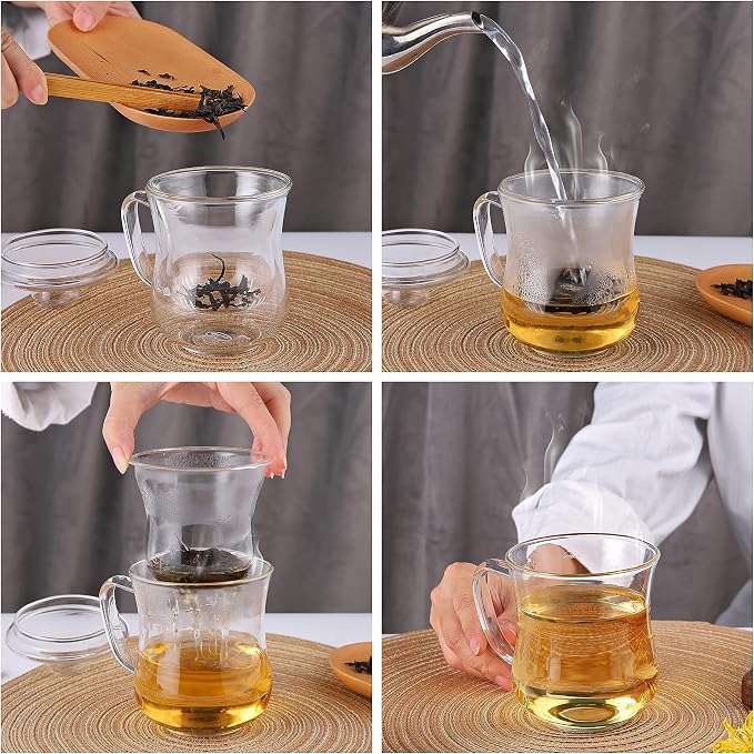 CNGLASS Glass Tea Cup with Removable Infuser and Lid,10oz Thickened Glass Infuser Mug,Borosilicate Glass Mug for Loose Leaf Tea,Teabags