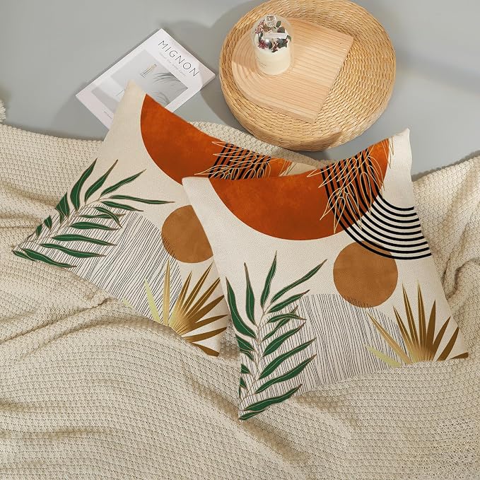 Boho Pillow Covers 20x20 Set of 2 Green Gold Orange Throw Pillows Tropical Leaves Sunset Modern Mid Century Decorative Pillowcase Outdoor Bohemian Linen Cushion Case for Couch Sofa Bed Decor