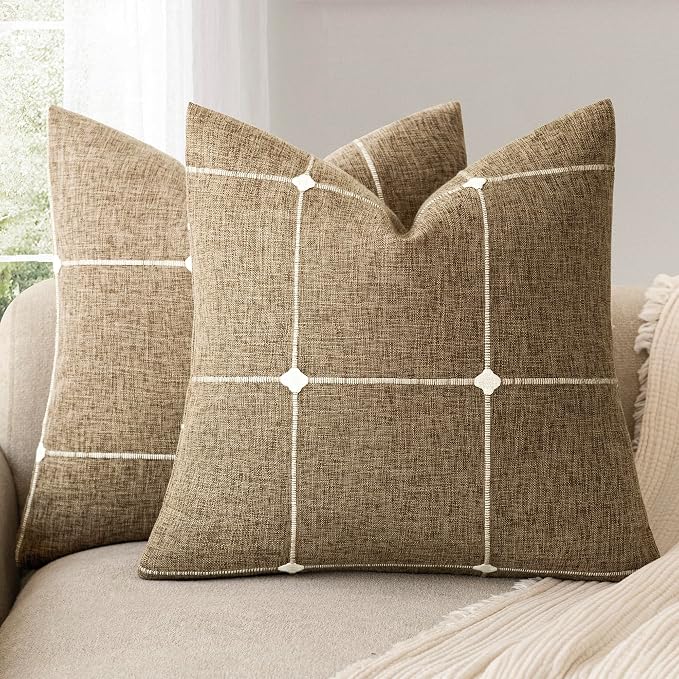 Foindtower Pack of 2 Decorative Faux Linen Jacquard Check Throw Pillow Covers Farmhouse Cushion Cover with Grid Textured Accent Pillowcase for Couch Sofa Living Room Home Decor,20×20 Inch,Tan Khaki