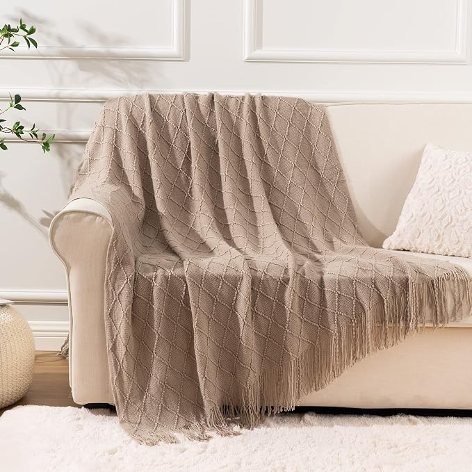 BATTILO HOME Khaki Throw Blanket for Couch, Boho Bed Tan Throws, Spring Decorative Taupe Throw for Sofa Foot of Bed, 50"x60"