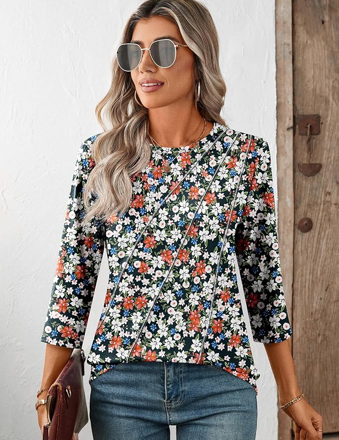 LOMON 3/4 Length Sleeve Womens Tops Spring Summer Fashion 2026 Tops Crew Neck Pleated Shirts Tunic Top Loose Fit