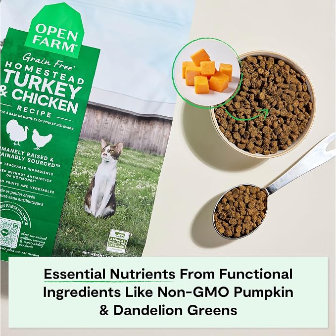 Open Farm, Grain Free Dry Cat Food, High-Protein Kibble for a Complete & Balanced Diet, Non-GMO Fruits & Vegetables, Prebiotic Fibers to Support Digestion, Homestead Turkey & Chicken Recipe, 8lb Bag | All Life Stages, High Protein, Prebiotic Fibers, 10...