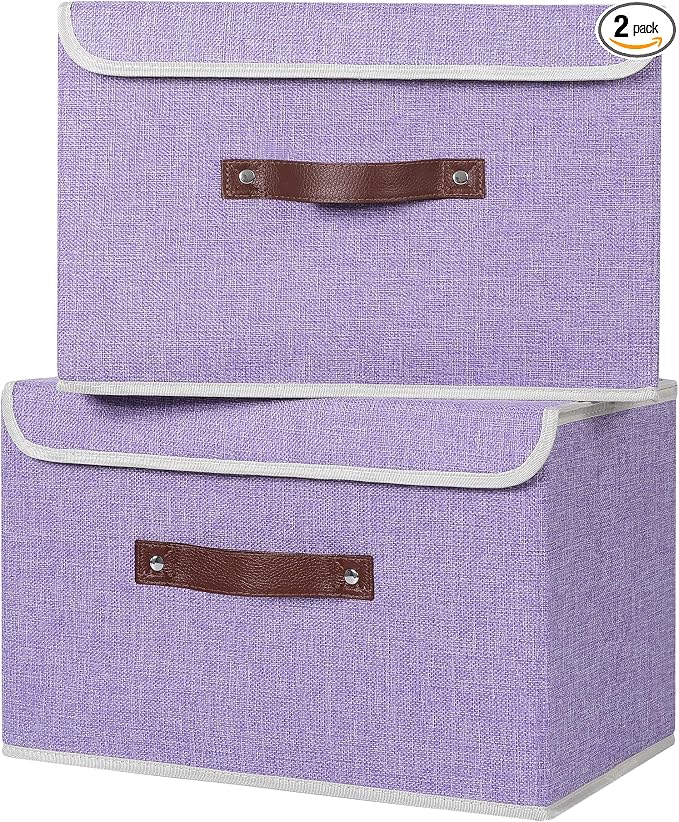ANMINY Fabric Storage Box Bins with Lids, Purple, 15"x10"x10", 2 Pack | Keepsake Memory Storage, Cotton Linen, PP Board Reinforced, Washable, PU Handles, Foldable & Stackable, Decorative, Large