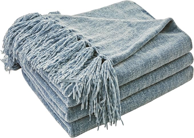 CozeCube Chenille Throw Blanket, Dusty Blue Fringe Blanket, 60"X80" | For Couch, Cozy Plush Fuzzy Decorative Blanket with Fringe Tassels, Lightweight Throws for Bed Sofa Gift Home Decor