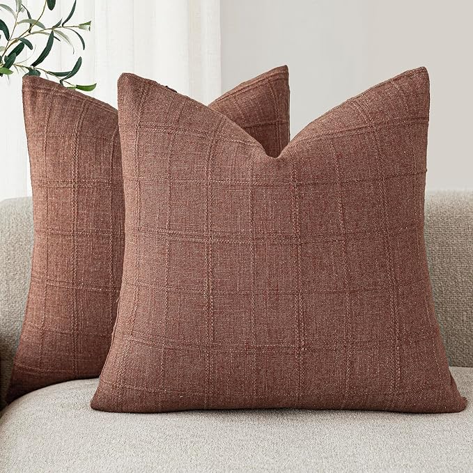 Foindtower Set of 2 Decorative Linen Check Throw Pillow Covers Neutral Farmhouse Vintage Cushion Covers Modern Boho Home Decor for Sofa Chair Couch Bedroom Living Room,16×16 Inch,Autumnal Red