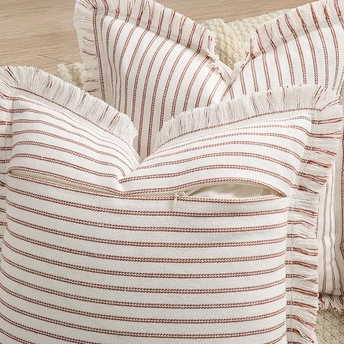 Fall Throw Pillow Covers 20x20 Set of 2 Striped Pillow Covers with Fringe Chic Cotton Decorative Pillows Square Cushion Covers for Sofa Couch Bed Living Room Fall Decor,Rust