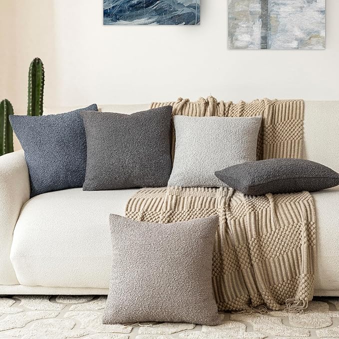 Foindtower Set of 2, Decorative Textured Boucle Throw Pillow Covers Accent Solid Pillow Cases Neutral Soft Cozy Couch Cushion Case for Chair Sofa Bedroom Living Room Home Decor 16 x 16 Inch Dark Grey
