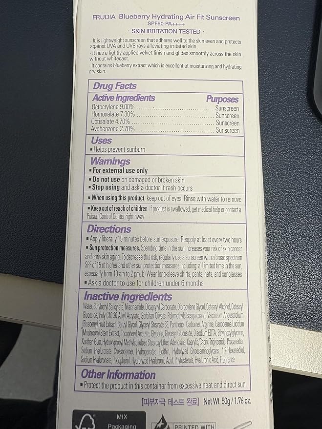 FRUDIA Blueberry Hydrating Air Fit Sunscreen SPF 50 PA++++ Korean Skincare Moisturizing Face Sunscreen with Blueberry Extract, Panthenol & Triple Hyaluronic Acid, Ultra-Light, No White Cast, 1.76 oz