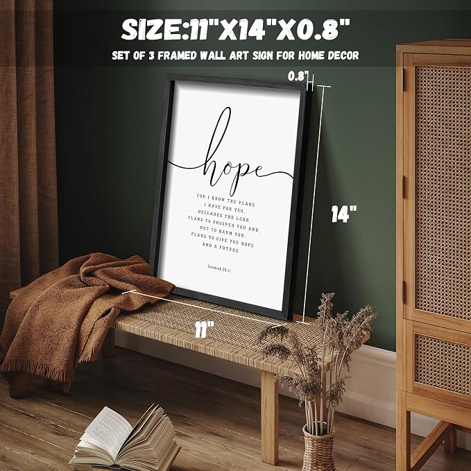 Houmury Set of 3 Framed Farmhouse Bible Verses Wall Decor Sign 11”x14” Christian Faith Scripture Wall Art for Home Bedroom Wall Decor (11"x14" Black)