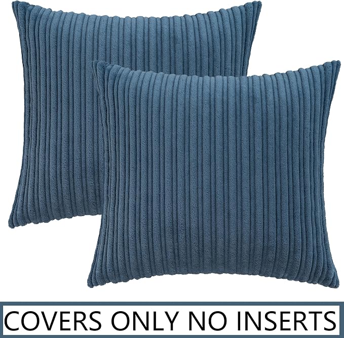 UGASA Velvet 24x24 Inch Soft Throw Pillow Covers Decorative Corduroy Striped Both Sides Solid Square Cushion Cases Boho Farmhouse for Couch Bedroom Sofa Home, Pack of 2, New-Dusty Blue