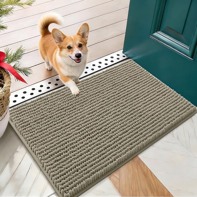 OLANLY Dog Door Mat for Muddy Paws 24x16, Extra Absorbent Chenille Mud Mat | Warm Taupe, Absorbs Moisture and Dirt, Non-Slip Machine Washable Doormat, Quick-Drying Indoor Entryway Floor Mat for Dogs