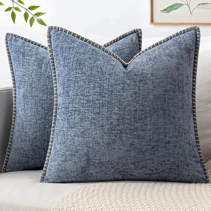 MIULEE Decorative Couch Throw Pillow Covers 18x18 in Dark Grey Blue 2 Pack | Farmhouse Pillow Covers with Stitched Edge, Soft Chenille Cushion Cases, for Sofa Bed Living Room Home Decor