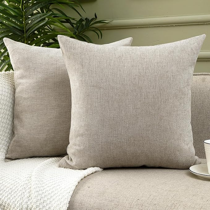Pack of 2 Decorative Chenille Throw Pillow Covers, 22x22, Tan | Square Soft Cozy Concise Pillow Covers Modern Farmhouse Couch Cushion Cases for Sofa Bed Living Room Home Decor