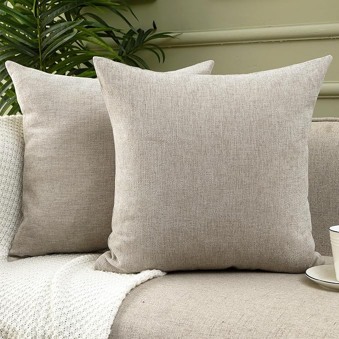 Decorative Throw Pillow Covers Cases Pack of 2 Chenille Cozy Modern Concise Square Cushion Covers for Sofa Couch Bedroom Home Decoration, Tan 18 x 18 Inches | Square Soft Cozy Concise Pillow Covers Modern Farmhouse Couch Cushion Cases for Sofa Bed Livi...