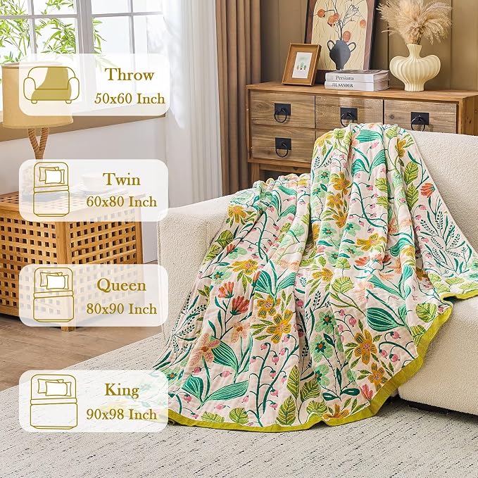 XIBLC Boho Throw Blanket 100% Cotton Vintage Blanket Muslin Woven Flower Decorative Throw Blankets All Season Bohemian Rustic Farmhouse Decor Quilt for Bed (Beige 60"x80")
