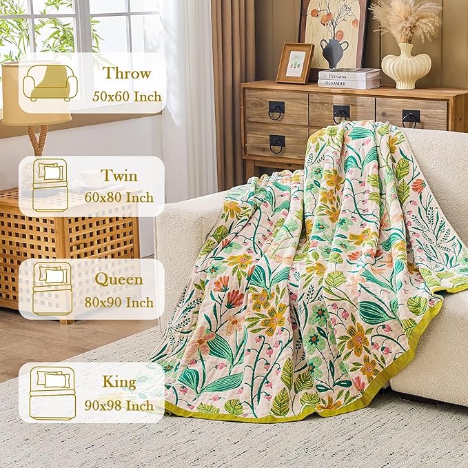 XIBLC Boho Throw Blanket 100% Cotton Vintage Blanket Muslin Woven Flower Decorative Throw Blankets All Season Bohemian Rustic Farmhouse Decor Quilt for Bed (Beige 50"x60")