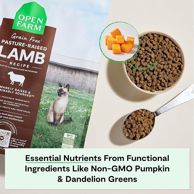 Open Farm, Grain Free Dry Cat Food, High-Protein Kibble for a Complete & Balanced Diet, Non-GMO Fruits & Vegetables, Prebiotic Fibers to Support Digestion, Pasture-Raised Lamb Recipe, 8lb Bag | All Life Stages, High Protein, Prebiotic Fibers, 100% Trac...