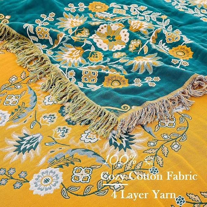 XIBLC Boho Throw Blanket, 100% Cotton Ultra Soft Luxury Throw Rustic Quilt, Floral Printed Farmhouse Decor Bed Summer Blankets, All Season Rustic Reversible Bohemian Throw for Bed (60"x80" Yellow