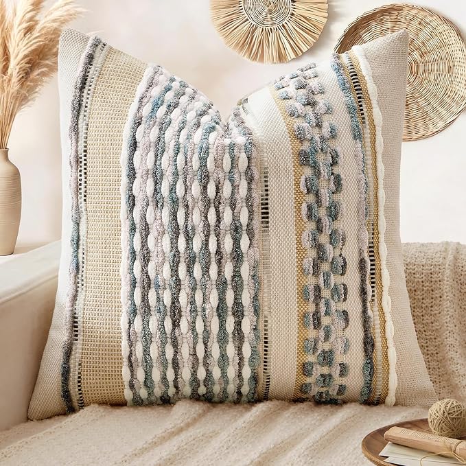 ANRODUO Boho Decorative Pillow Covers Gray Blue Stripe 18x18 Inch Pack of 1 | Throw Pillow Covers, Farmhouse Cushion Case, Chenille Pillow Cases, Pillow Covers, Accent Neutral Pillowcase for Couch Bed