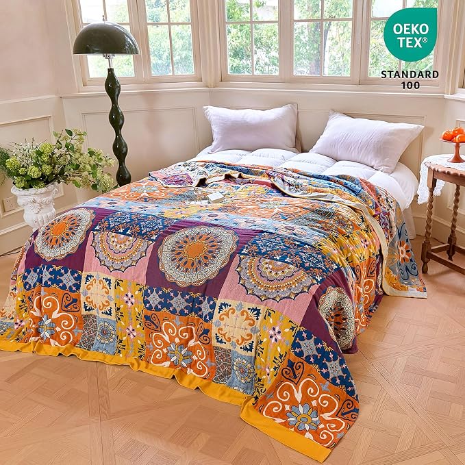 MSGKV Boho Throw Blanket 50"x60" Summer Cotton Roman Woven Throw Blanket | Roman Pattern, Muslin Throw, Reversible Woven, Lightweight Comfort, Decorative Home Accent, All Season Use, Machine Washable