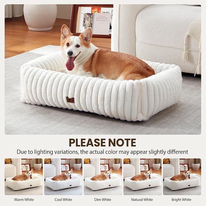 Dog Bed Medium Size Dog, Rectangle Orthopedic Pet Bed for Car and Indoor, Comfort Fluffy Memory Foam Dog Beds with Anti-Slip Bottom, Cream (30x24x8 inches)