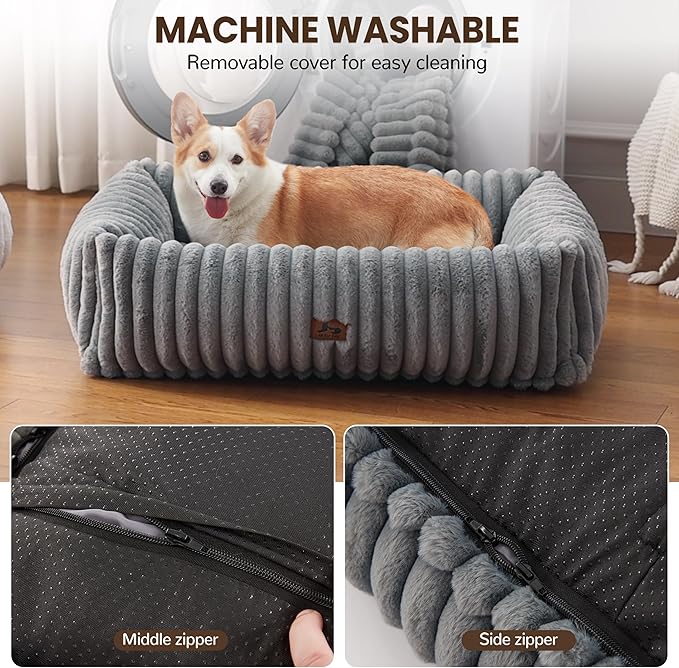Dog Bed Medium Size Dog, Rectangle Orthopedic Pet Bed for Car and Indoor, Comfort Fluffy Memory Foam Dog Beds with Anti-Slip Bottom,Grey(30x24x8 inches)