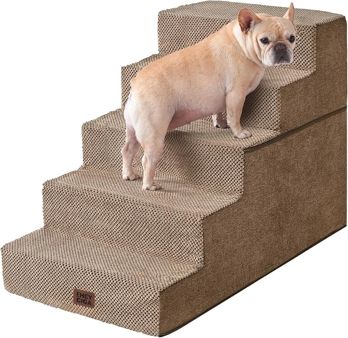 EHEYCIGA Dog Stairs for High Bed 25" H, Extra Wide Dog 5-Step, Camel | Pet Steps for Small Dogs and Cats for Bed, Non-Slip Balanced Pet Ramp Indoor