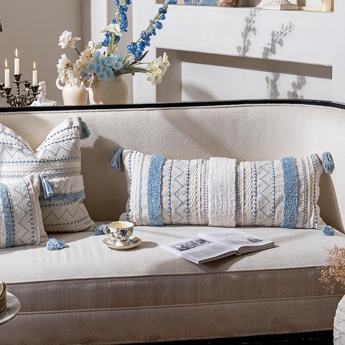 14x36 Lumbar Pillow Cover for Bed, Rectangular Long Decorative Throw Pillowcase, Boho Accent Cushion with Blue Tufted Pattern and Tassels, Cream Neutral (Cover Only)