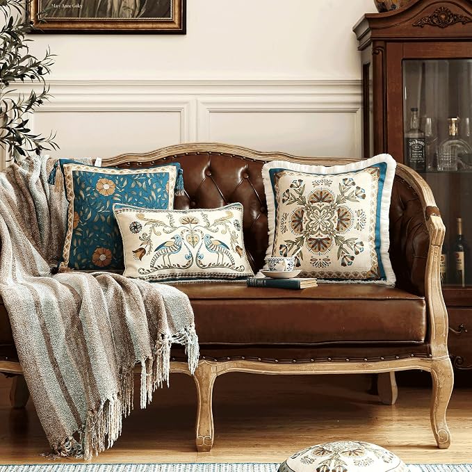 patdrea Designer Vintage Linen Throw Pillow Cover,18"x18"-Wensel B | RusticDecorative Pillow Case with Zipper,Floral Pattern,Cushion Coverfor Couch Living Room Bedroom Sofa