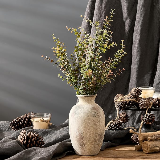 PORCER Ceramic Rustic Flower Vase, 8.27 Inch Vintage Pottery Home Decor, Antique Farmhouse Terracotta Vase for Living Room, Table, Shelf, Mantel Decoration, Farmhouse - Natural Brown