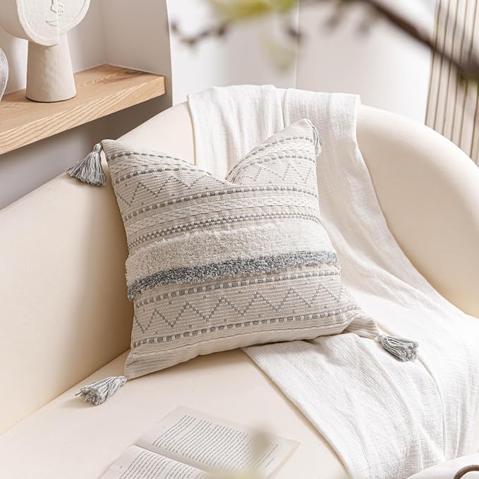 18X18 Throw Pillow Cover, Cream Neutral Square Decorative Cushion Cover with Gray Pattern, Boho Accent Pillowcase with Tufted Details and Tassels for Couch Sofa Living Room (Cover Only)